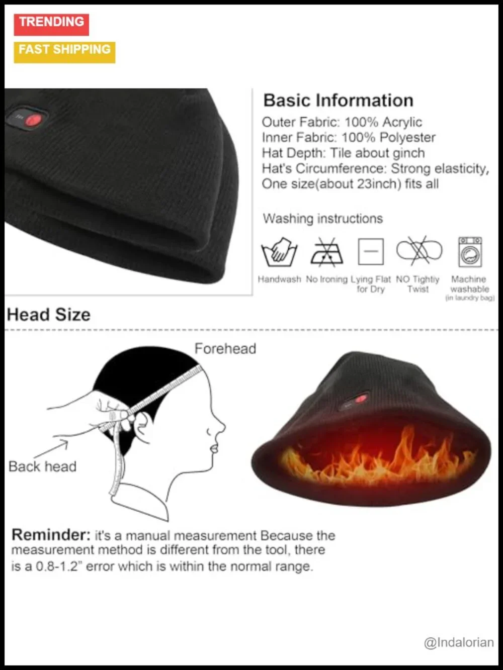 Rechargeable Heated Beanie with 3 Temperature Settings, Acrylic & Polyester,
